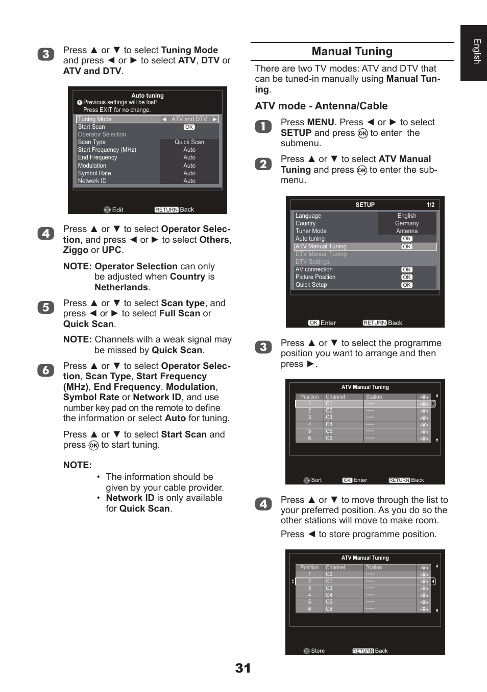 Manual tuning, Atv mode - antenna/cable | Toshiba EL933 User Manual | Page 31 / 72