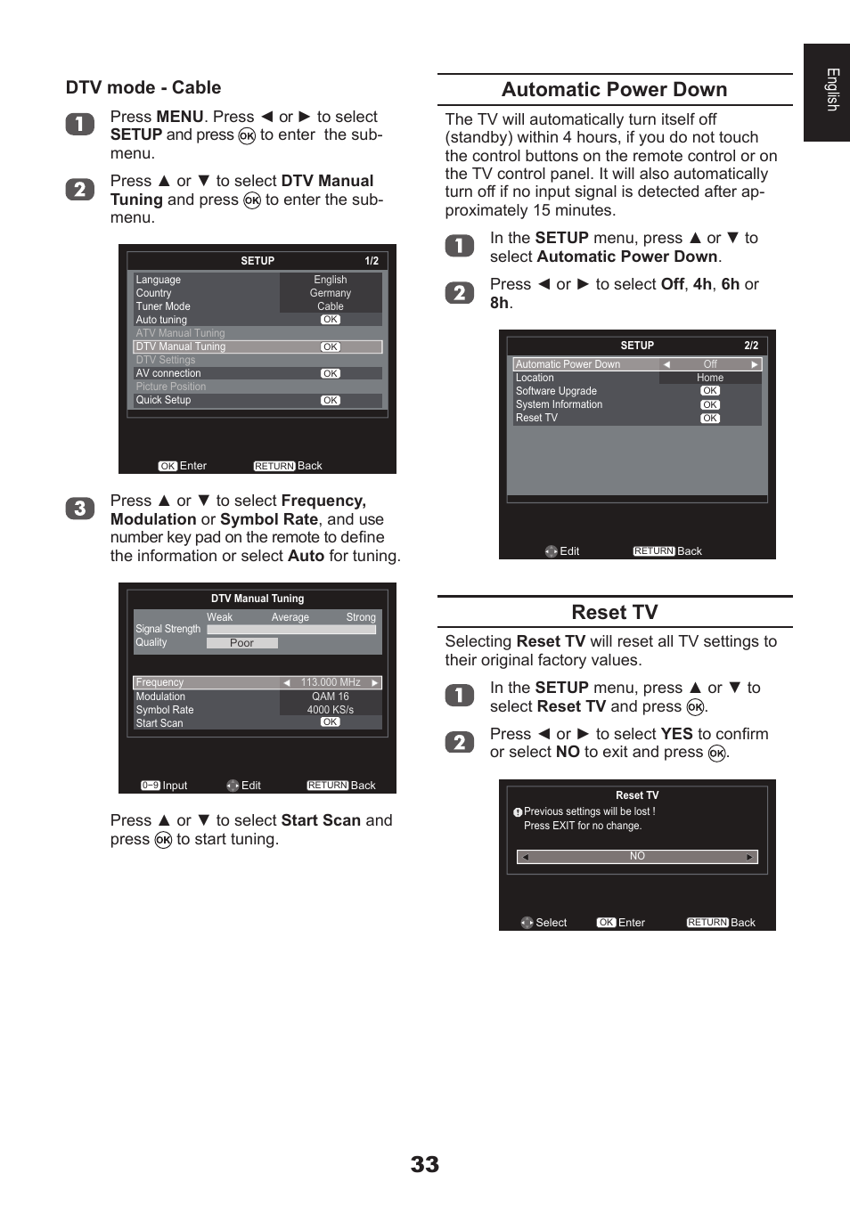 Automatic power down, Reset tv, Dtv mode - cable | Toshiba EL933 User Manual | Page 33 / 72