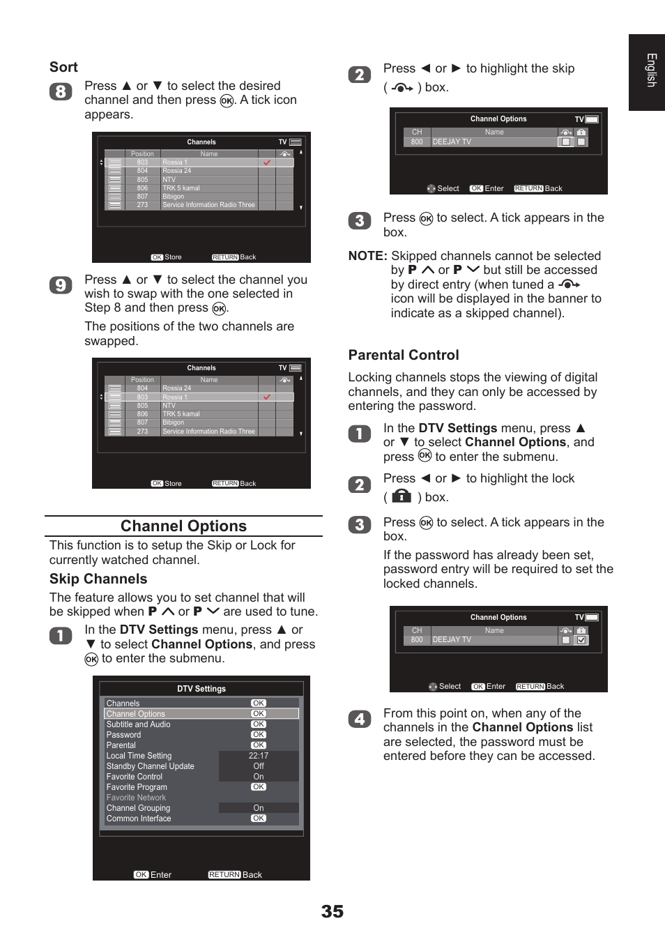 Channel options, Parental control, Sort | Skip channels, English press ◄ or ► to highlight the skip ( ) box | Toshiba EL933 User Manual | Page 35 / 72