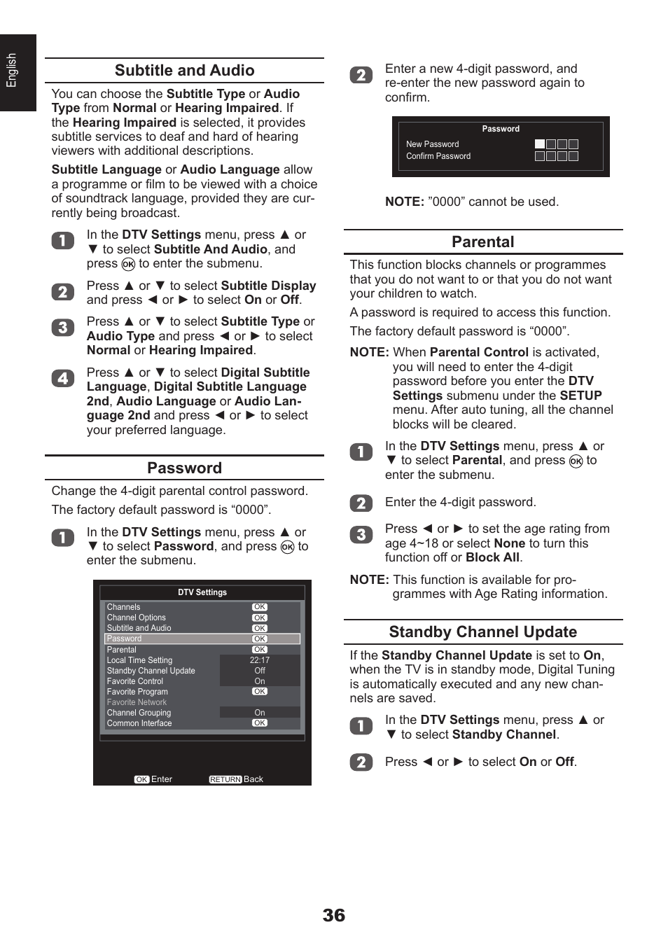 Parental, Standby channel update, Subtitle and audio | Password | Toshiba EL933 User Manual | Page 36 / 72