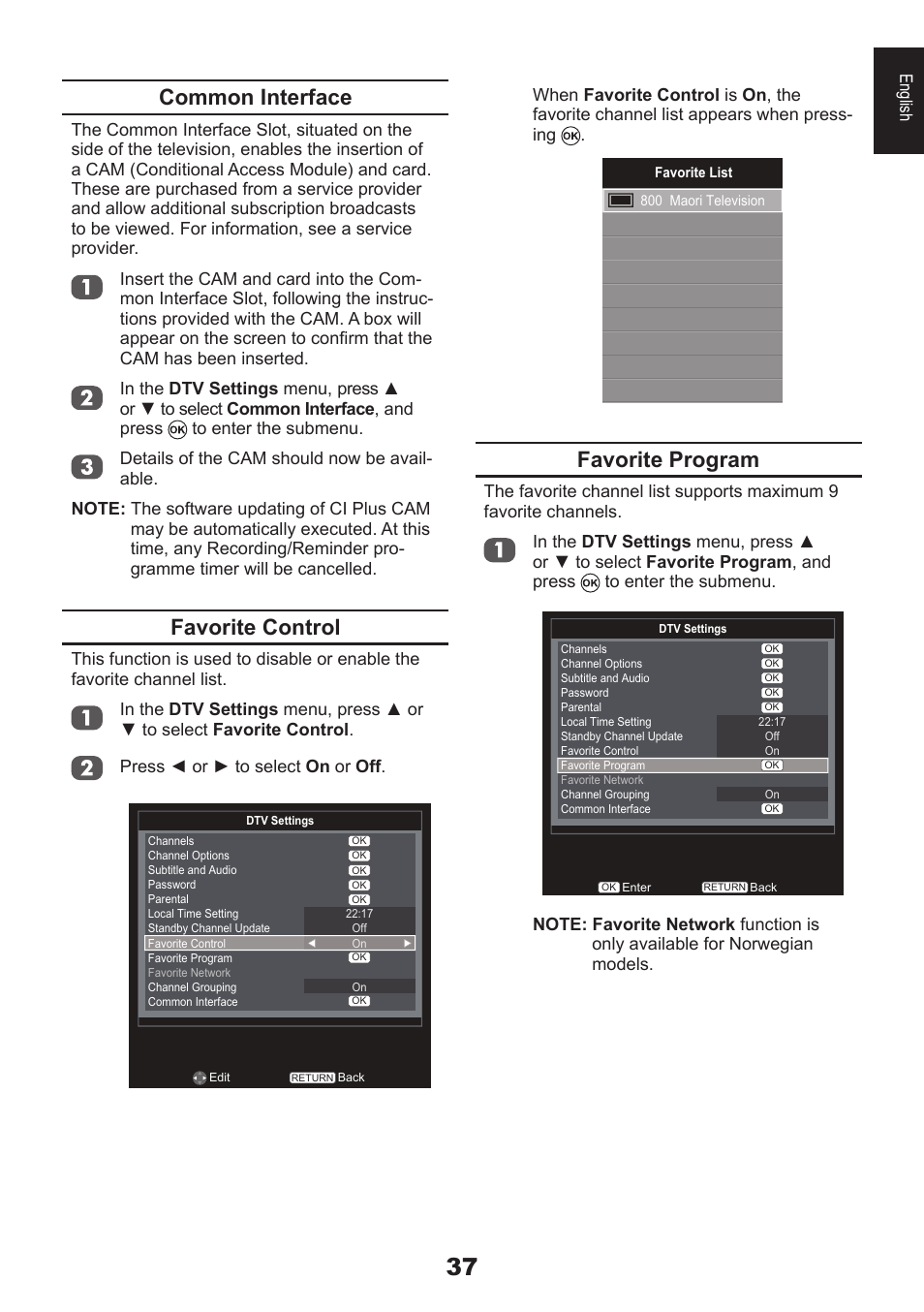 Common interface, Favorite control, Favorite program | Toshiba EL933 User Manual | Page 37 / 72