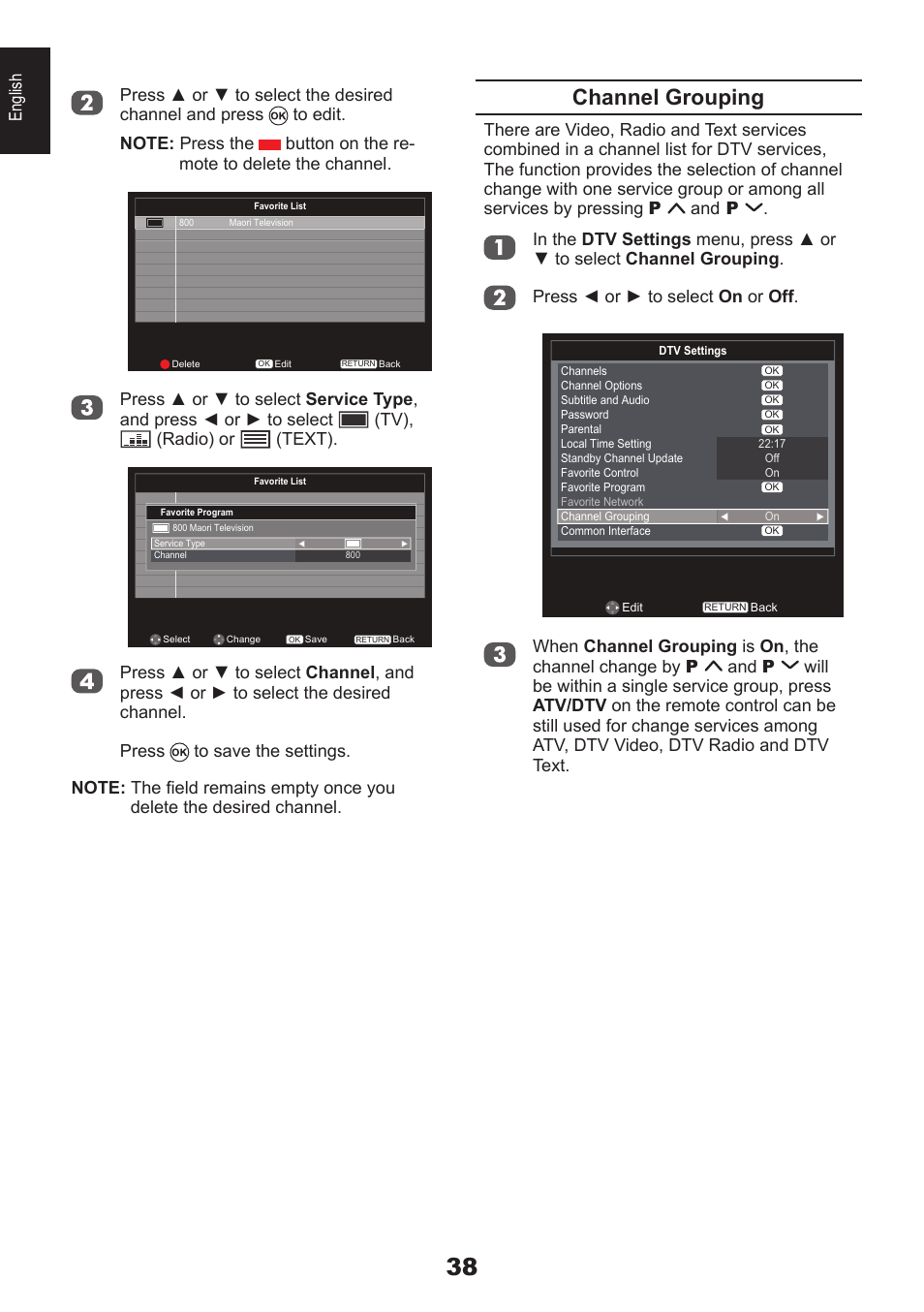 Channel grouping, English | Toshiba EL933 User Manual | Page 38 / 72