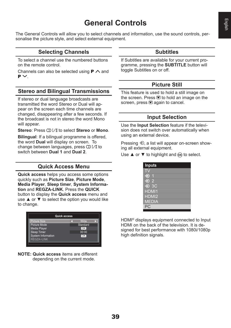 General controls, Selecting channels, Stereo and bilingual transmissions | Quick access menu, Subtitles, Picture still, Input selection | Toshiba EL933 User Manual | Page 39 / 72