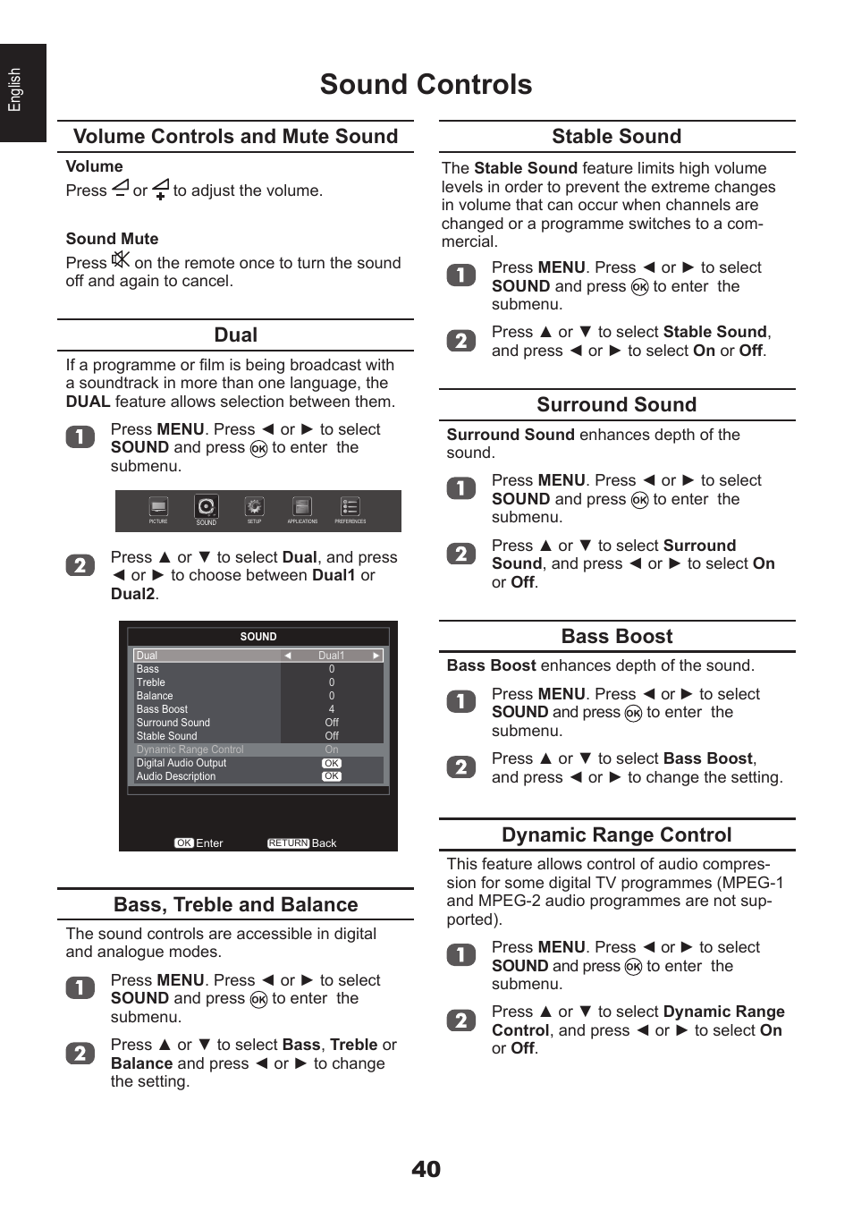 Sound controls, Volume controls and mute sound, Dual | Bass, treble and balance, Stable sound, Surround sound, Bass boost, Dynamic range control | Toshiba EL933 User Manual | Page 40 / 72