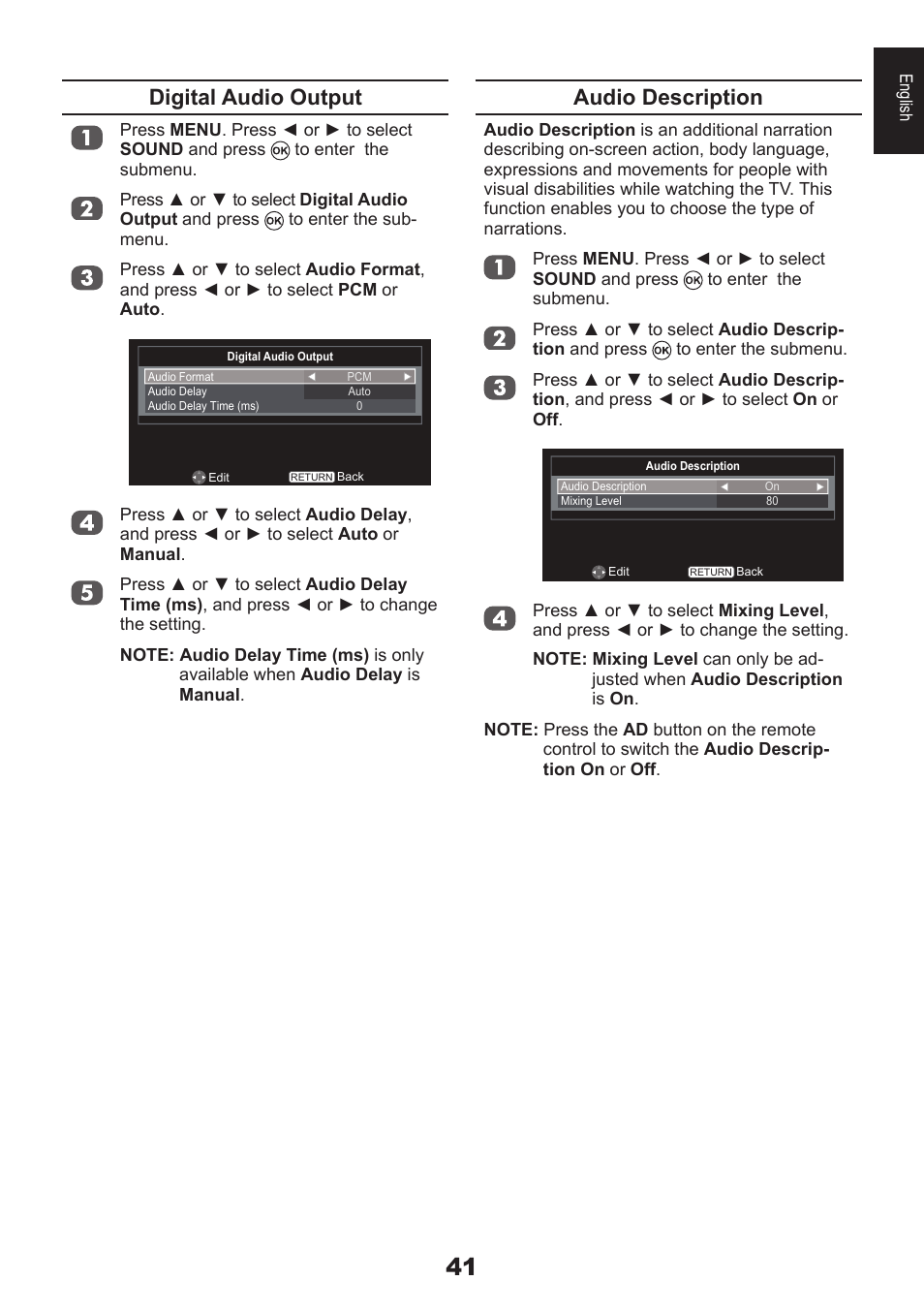 Digital audio output, Audio description | Toshiba EL933 User Manual | Page 41 / 72