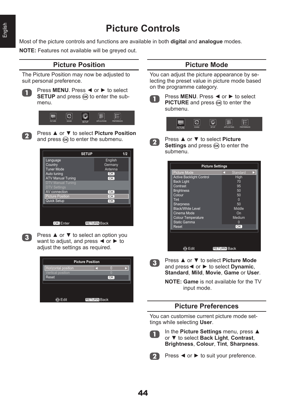 Picture controls, Picture position, Picture mode | Picture preferences, English | Toshiba EL933 User Manual | Page 44 / 72