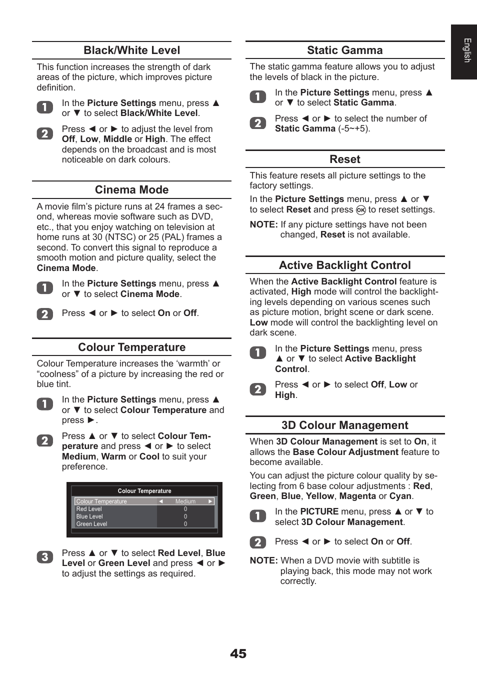 Black/white level, Cinema mode, Colour temperature | Static gamma, Reset, Active backlight control, 3d colour management | Toshiba EL933 User Manual | Page 45 / 72