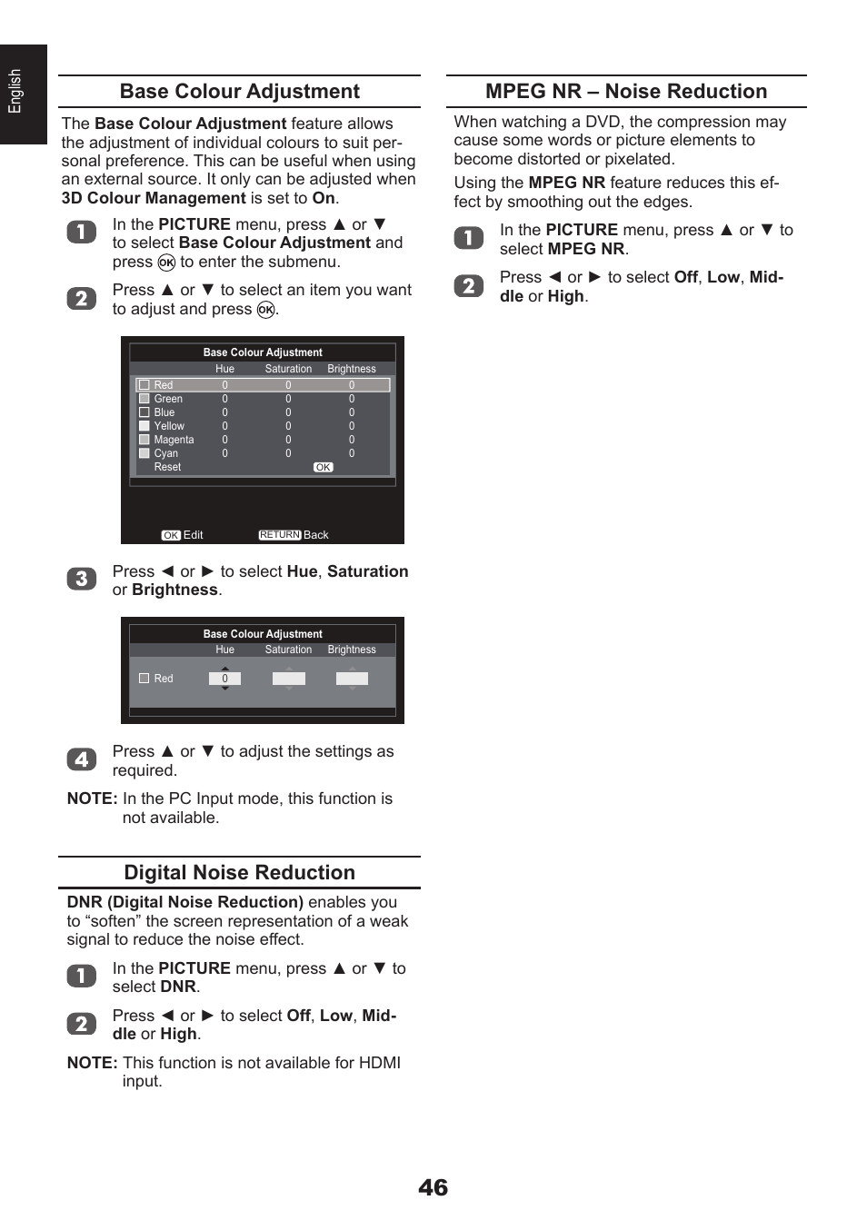 Base colour adjustment, Digital noise reduction, Mpeg nr – noise reduction | Toshiba EL933 User Manual | Page 46 / 72