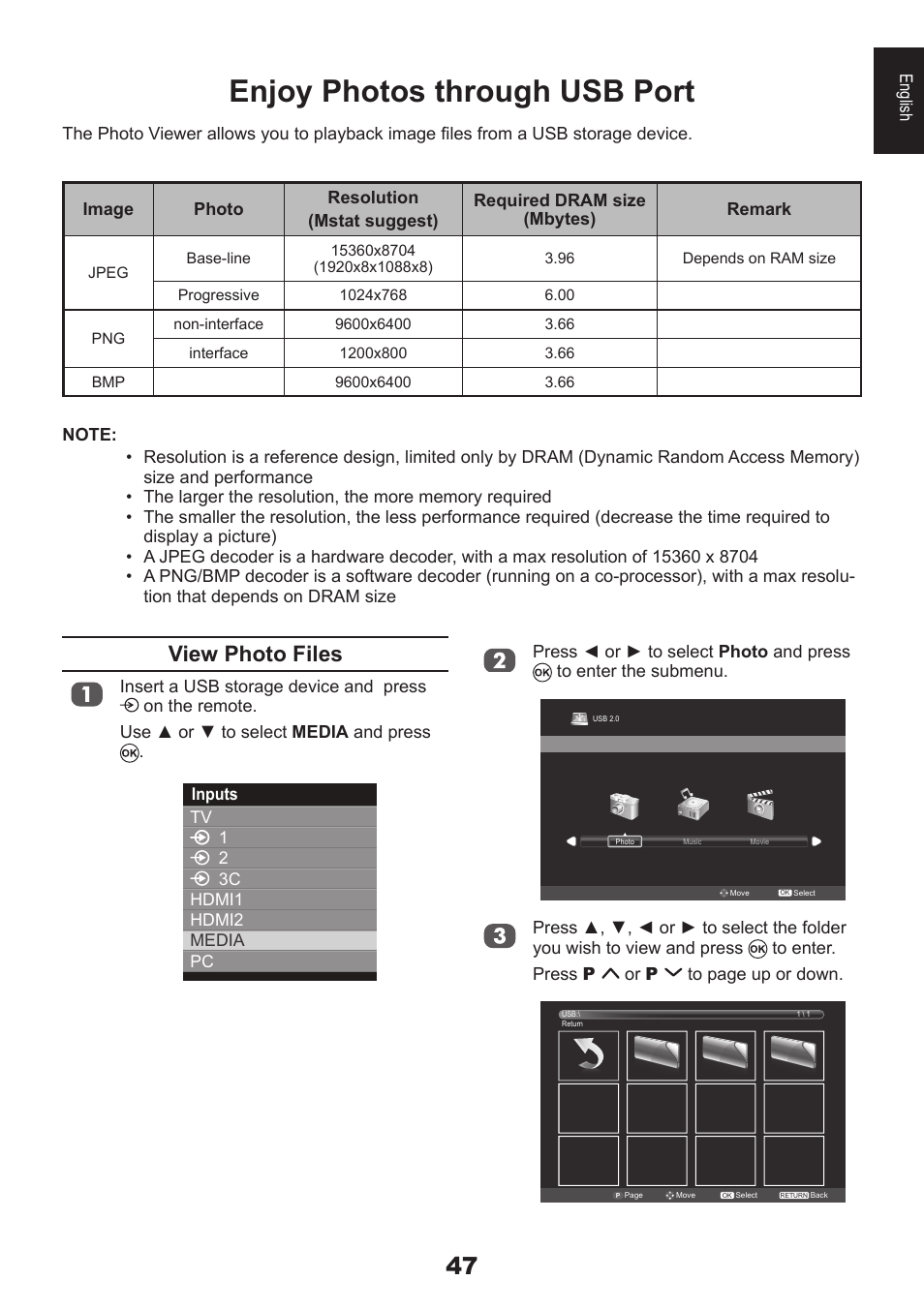 Enjoy photos through usb port, View photo files | Toshiba EL933 User Manual | Page 47 / 72