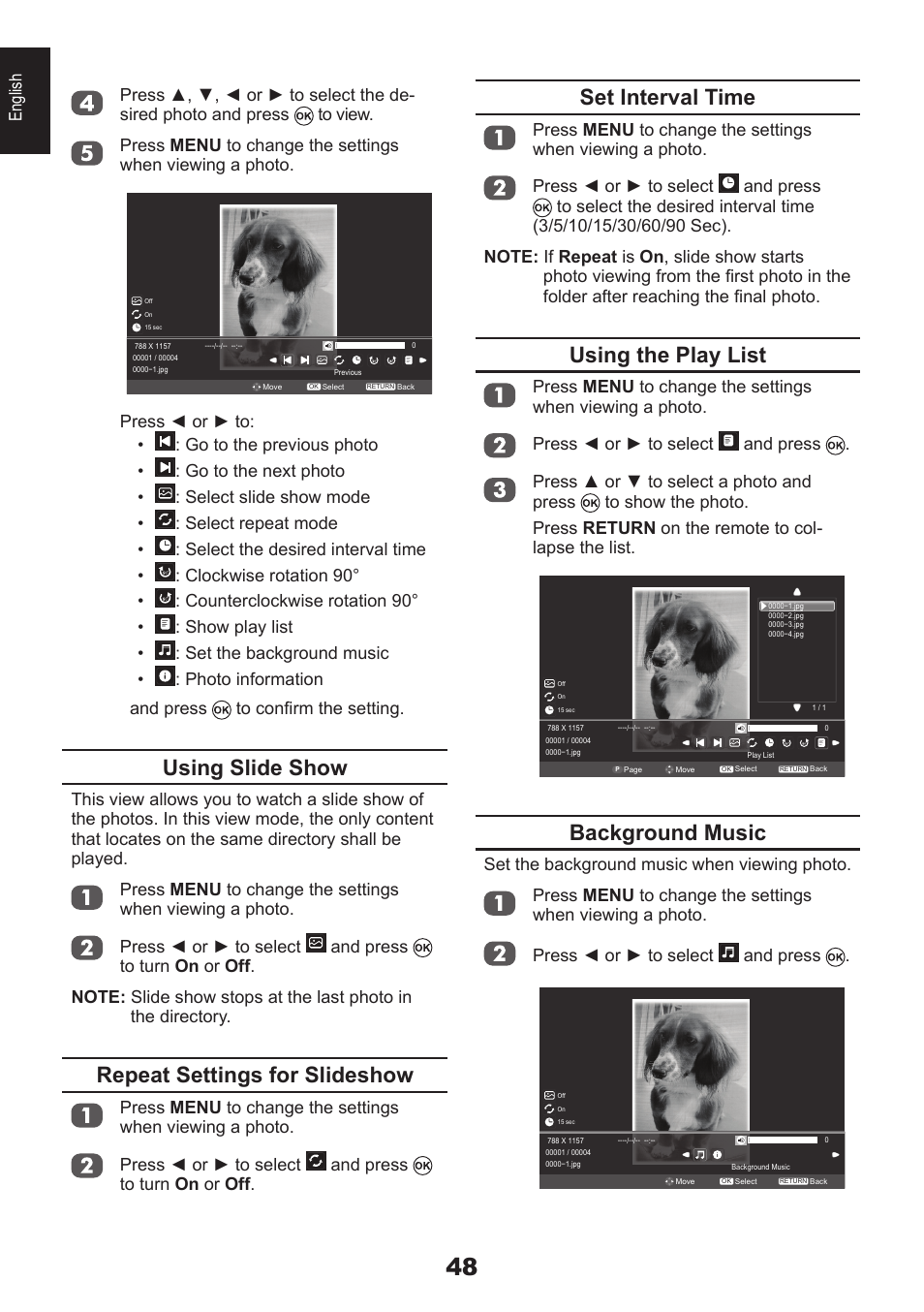 Using slide show, Repeat settings for slideshow, Set interval time | Using the play list, Background music | Toshiba EL933 User Manual | Page 48 / 72