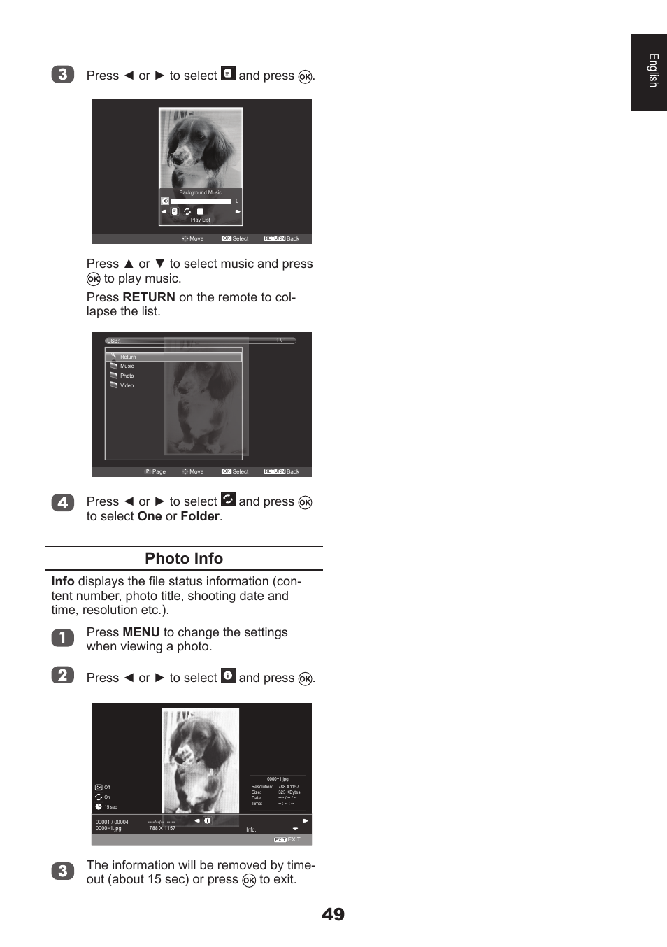 Photo info, English press ◄ or ► to select and press | Toshiba EL933 User Manual | Page 49 / 72