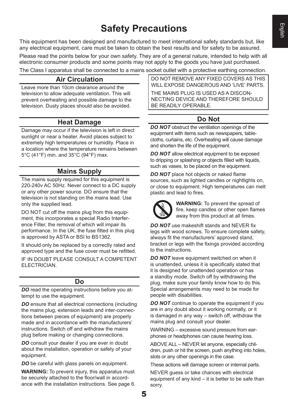 Safety precautions, Air circulation, Heat damage | Mains supply, Do not | Toshiba EL933 User Manual | Page 5 / 72