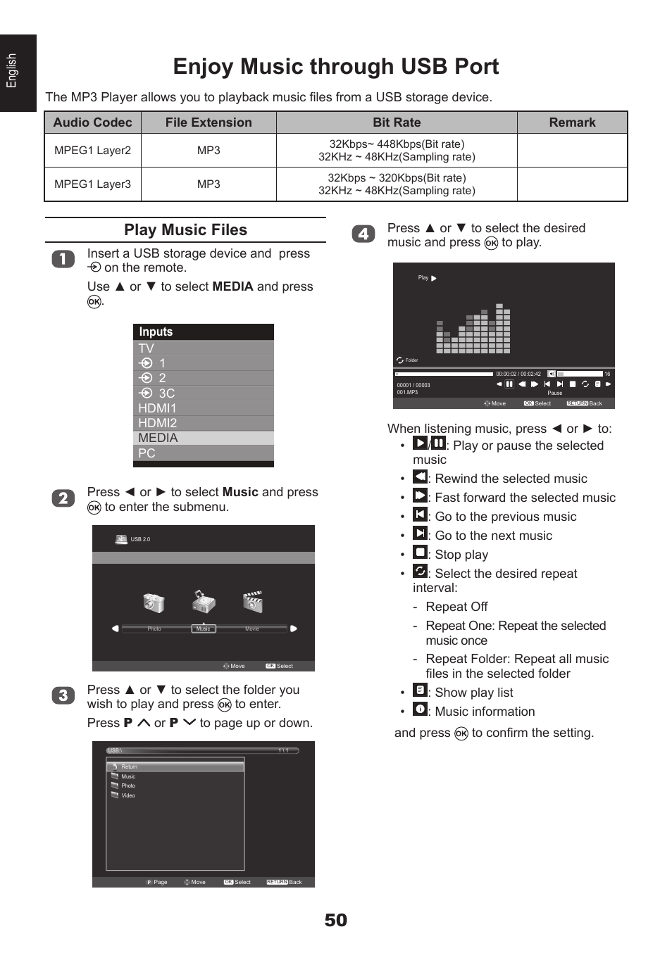 Enjoy music through usb port, Play music files | Toshiba EL933 User Manual | Page 50 / 72