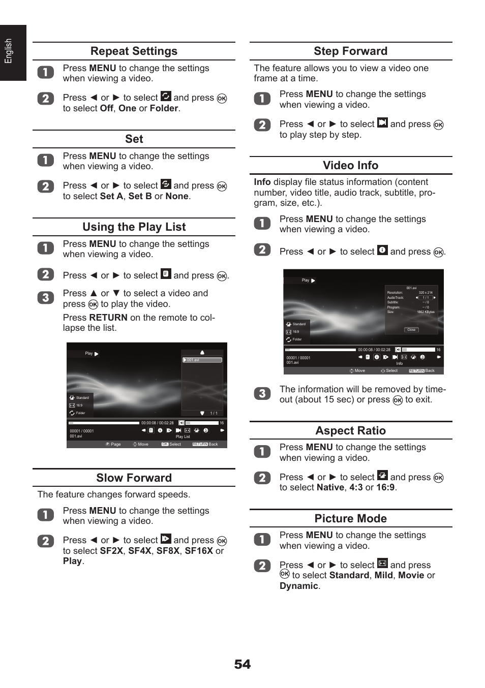 Step forward, Video info, Aspect ratio | Picture mode, Repeat settings, Using the play list, Slow forward | Toshiba EL933 User Manual | Page 54 / 72