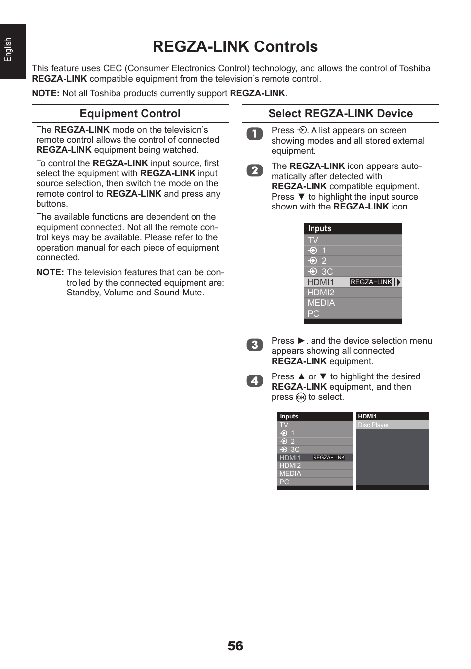 Regza-link controls, Equipment control, Select regza-link device | Toshiba EL933 User Manual | Page 56 / 72