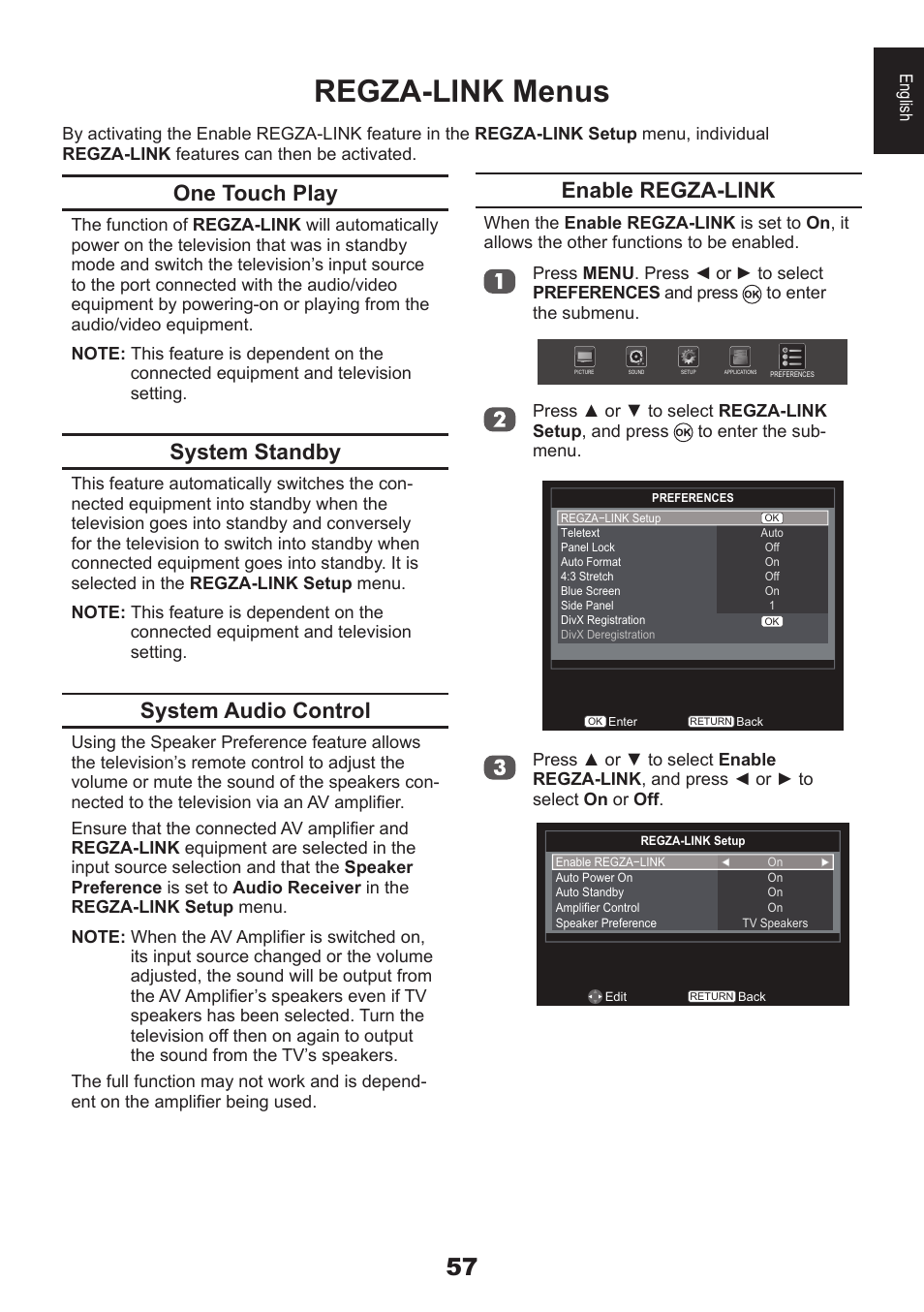 Regza-link menus, One touch play, System standby | System audio control, Enable regza-link | Toshiba EL933 User Manual | Page 57 / 72