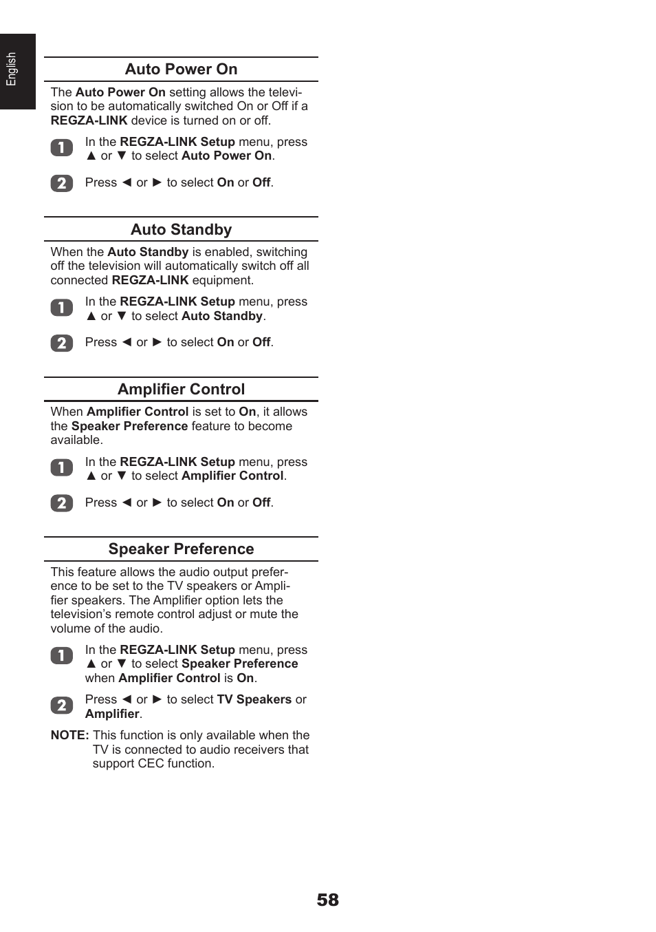 Auto power on, Auto standby, Amplifier control | Speaker preference | Toshiba EL933 User Manual | Page 58 / 72