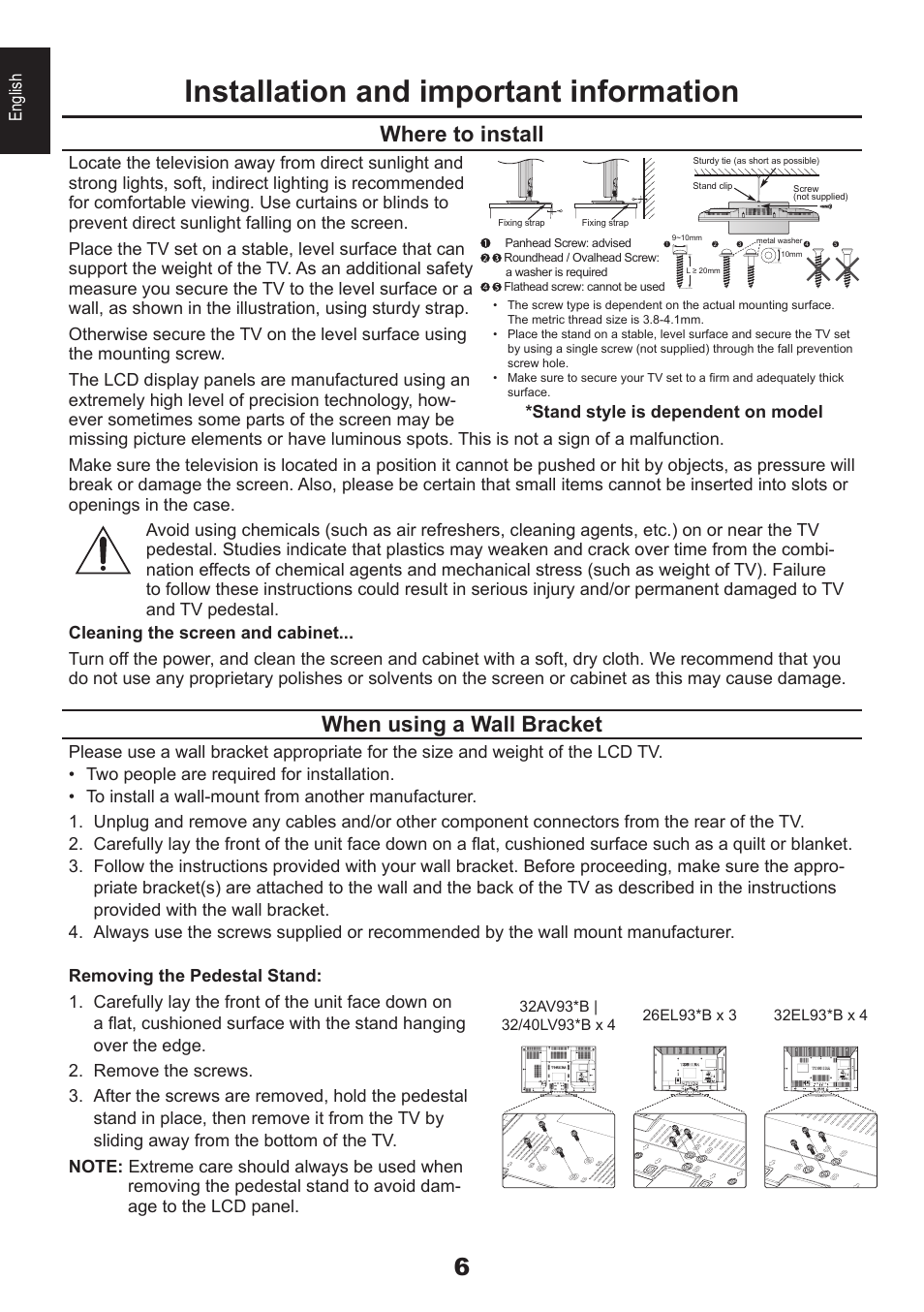 Installation and important information, Where to install, When using a wall bracket | Toshiba EL933 User Manual | Page 6 / 72