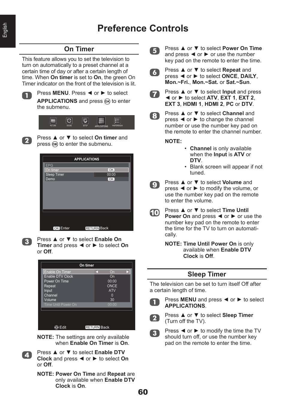 Preference controls, On timer, Sleep timer | Toshiba EL933 User Manual | Page 60 / 72