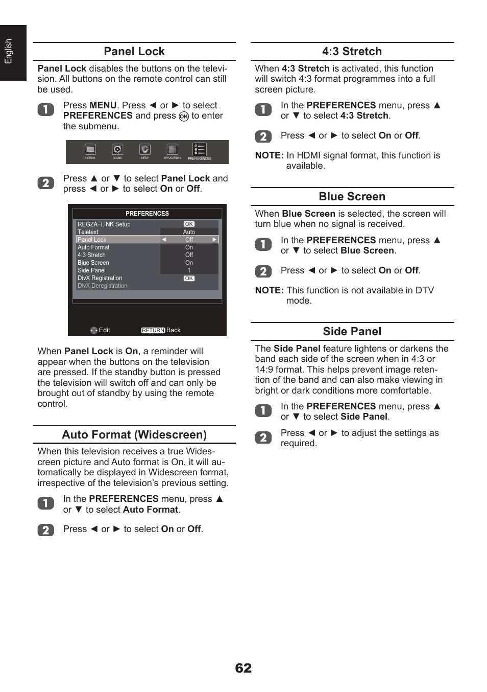 3 stretch, Blue screen, Side panel | Panel lock, Auto format (widescreen) | Toshiba EL933 User Manual | Page 62 / 72