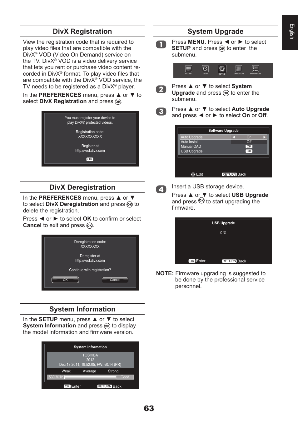 Divx registration, Divx deregistration, System information | System upgrade | Toshiba EL933 User Manual | Page 63 / 72