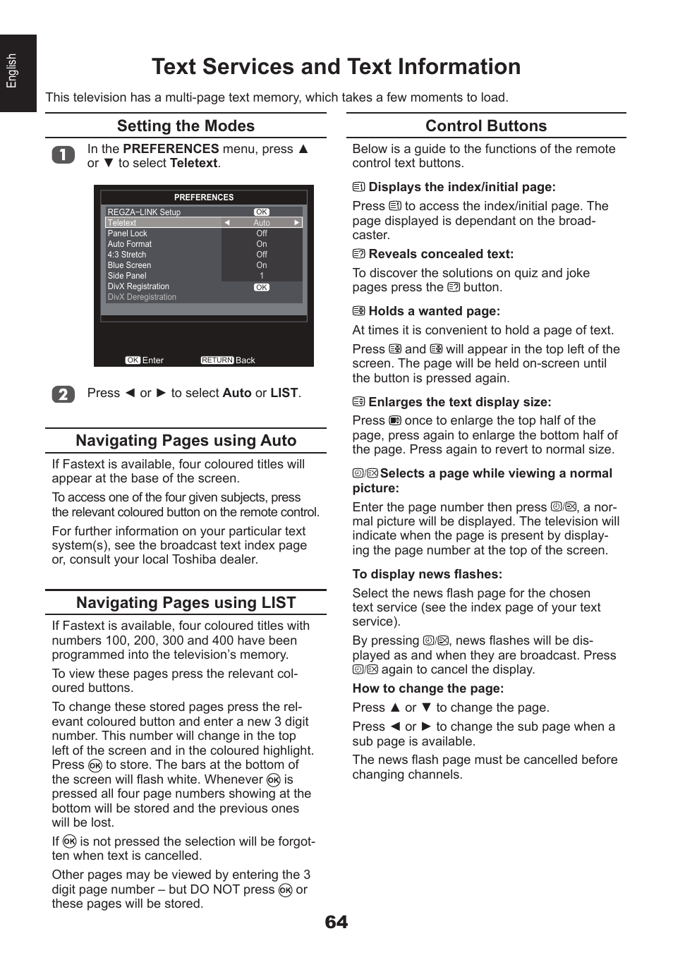 Text services and text information, Control buttons, Setting the modes | Navigating pages using auto, Navigating pages using list | Toshiba EL933 User Manual | Page 64 / 72