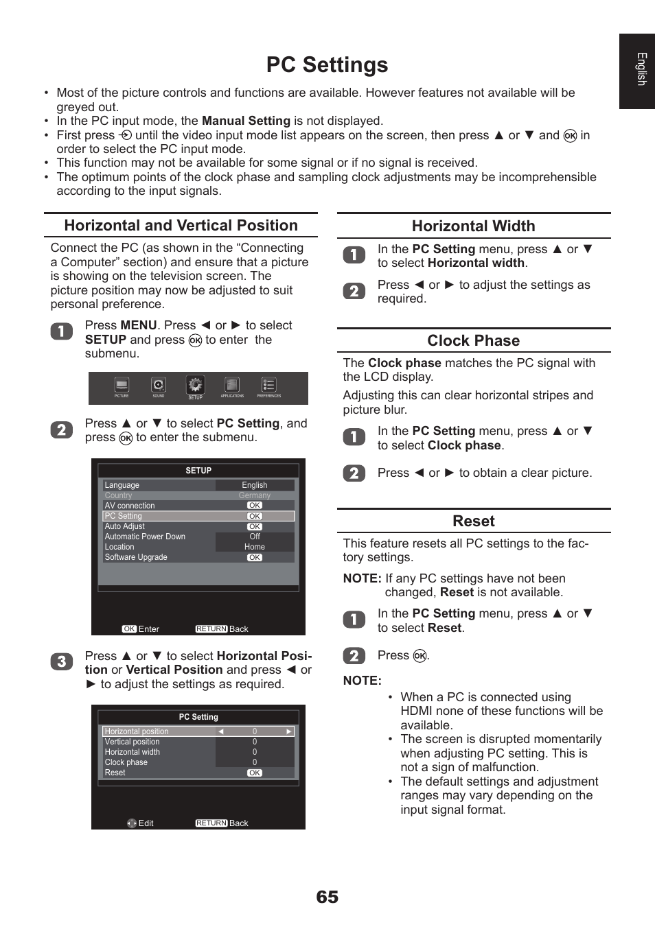 Pc settings, Horizontal and vertical position, Horizontal width | Clock phase, Reset | Toshiba EL933 User Manual | Page 65 / 72