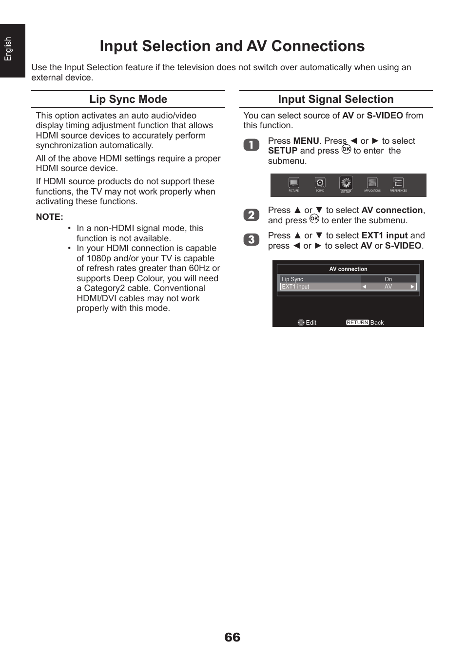 Input selection and av connections, Input signal selection, Lip sync mode | Toshiba EL933 User Manual | Page 66 / 72