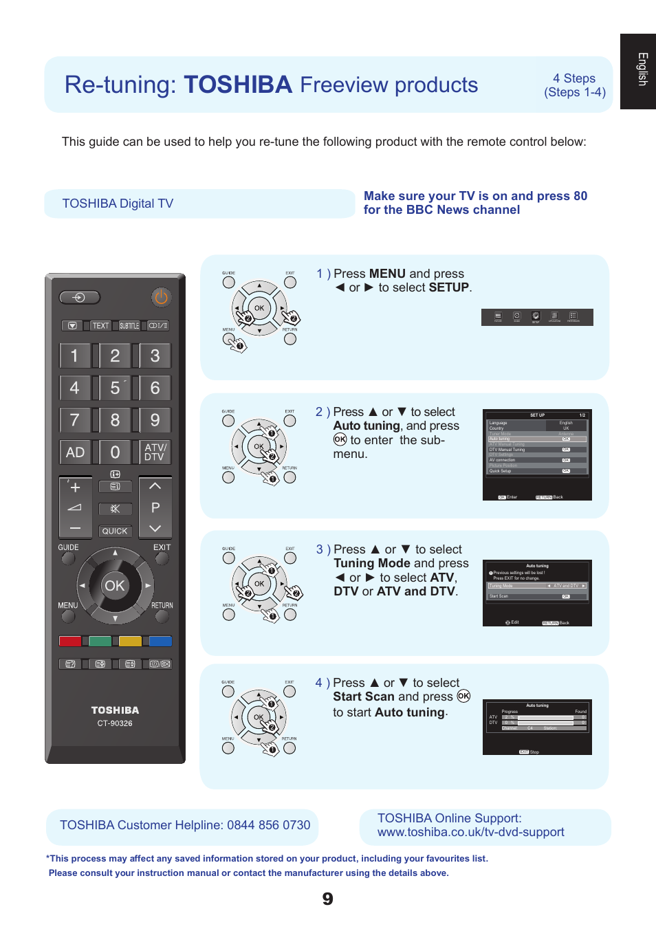 Re-tuning: toshiba, Freeview products, English | 4 steps toshiba digital tv, Press menu and press ◄ or ► to select setup . 1 ), Steps 1-4) | Toshiba EL933 User Manual | Page 9 / 72