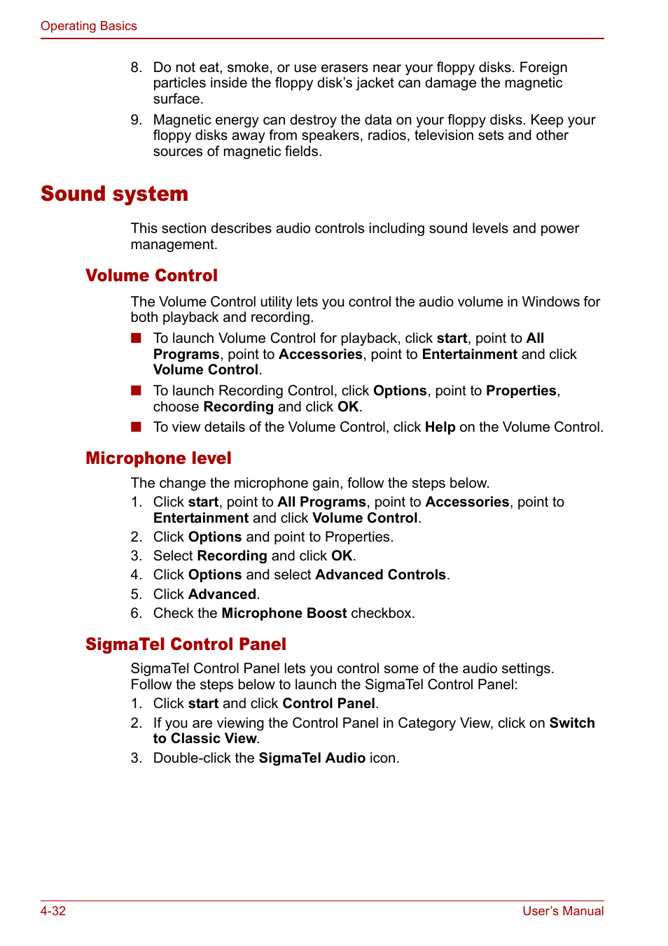 Sound system, Sound system -32, Volume control | Microphone level, Sigmatel control panel | Toshiba Tecra S3 User Manual | Page 100 / 250