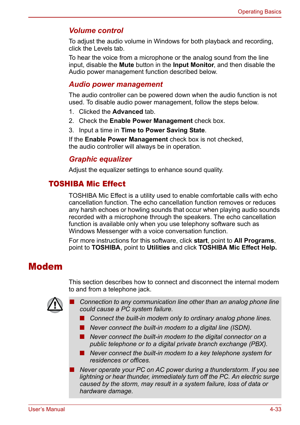 Modem, Modem -33, Toshiba mic effect | Toshiba Tecra S3 User Manual | Page 101 / 250
