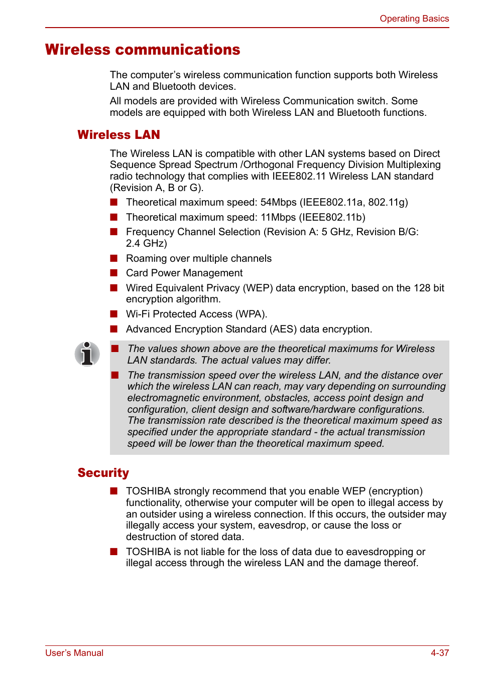 Wireless communications, Wireless communications -37, Wireless lan | Security | Toshiba Tecra S3 User Manual | Page 105 / 250