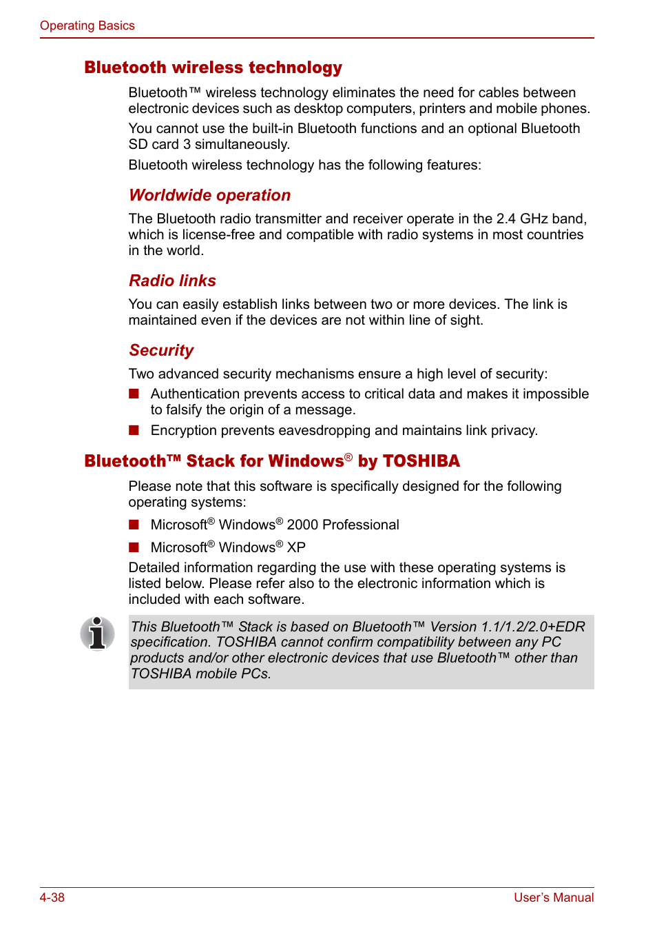Bluetooth wireless technology, Bluetooth™ stack for windows, By toshiba | Toshiba Tecra S3 User Manual | Page 106 / 250