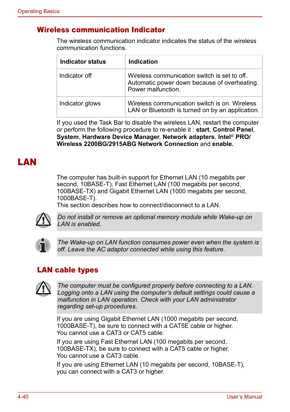 Lan -40, Wireless communication indicator, Lan cable types | Toshiba Tecra S3 User Manual | Page 108 / 250