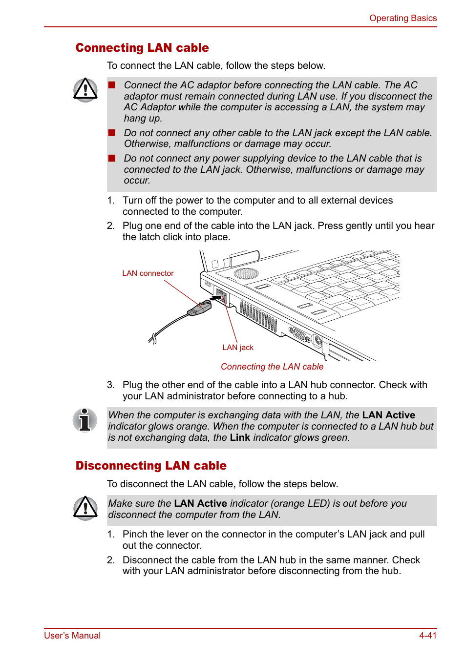 Connecting lan cable, Disconnecting lan cable | Toshiba Tecra S3 User Manual | Page 109 / 250