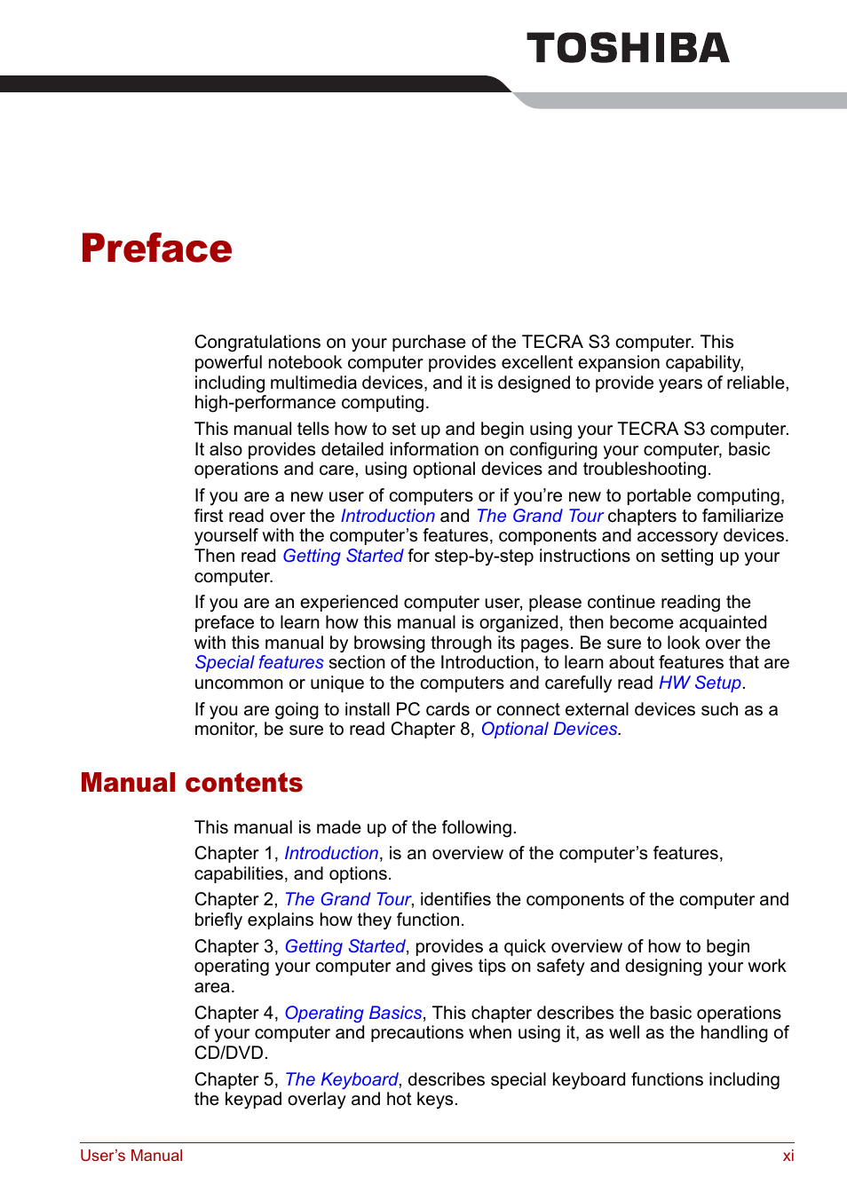 Preface, Manual contents | Toshiba Tecra S3 User Manual | Page 11 / 250