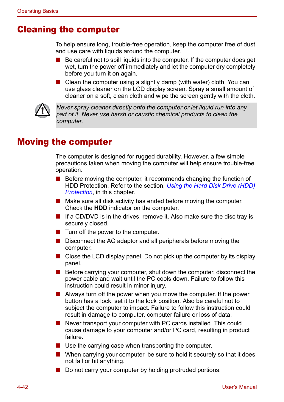 Cleaning the computer, Moving the computer, Cleaning the computer -42 moving the computer -42 | Toshiba Tecra S3 User Manual | Page 110 / 250