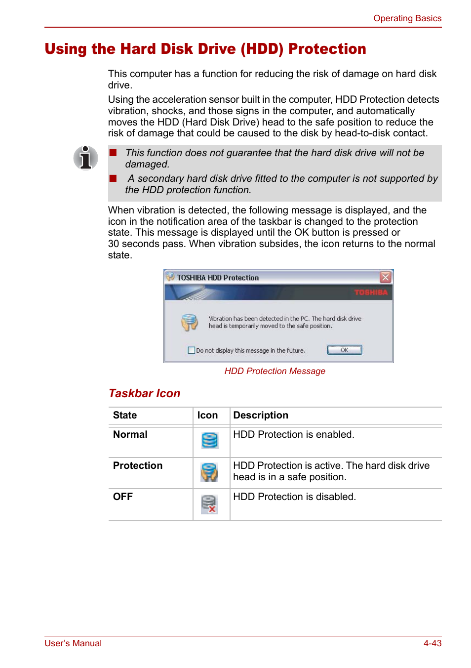 Using the hard disk drive (hdd) protection, Using the hard disk drive (hdd) protection -43, Using the hard | Disk drive (hdd) protection | Toshiba Tecra S3 User Manual | Page 111 / 250