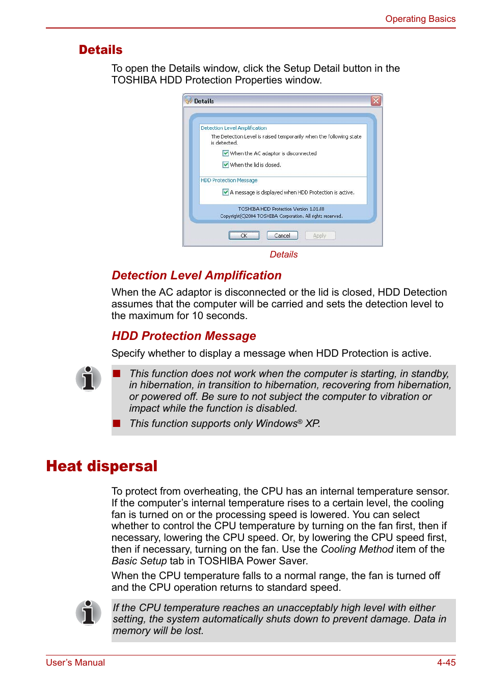 Heat dispersal, Heat dispersal -45, Details | Toshiba Tecra S3 User Manual | Page 113 / 250