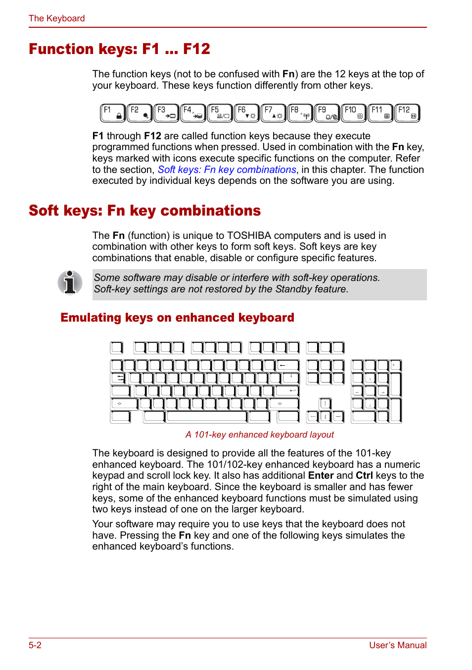 Function keys: f1 … f12, Soft keys: fn key combinations, Emulating keys on enhanced keyboard | 2 user’s manual the keyboard, A 101-key enhanced keyboard layout | Toshiba Tecra S3 User Manual | Page 116 / 250