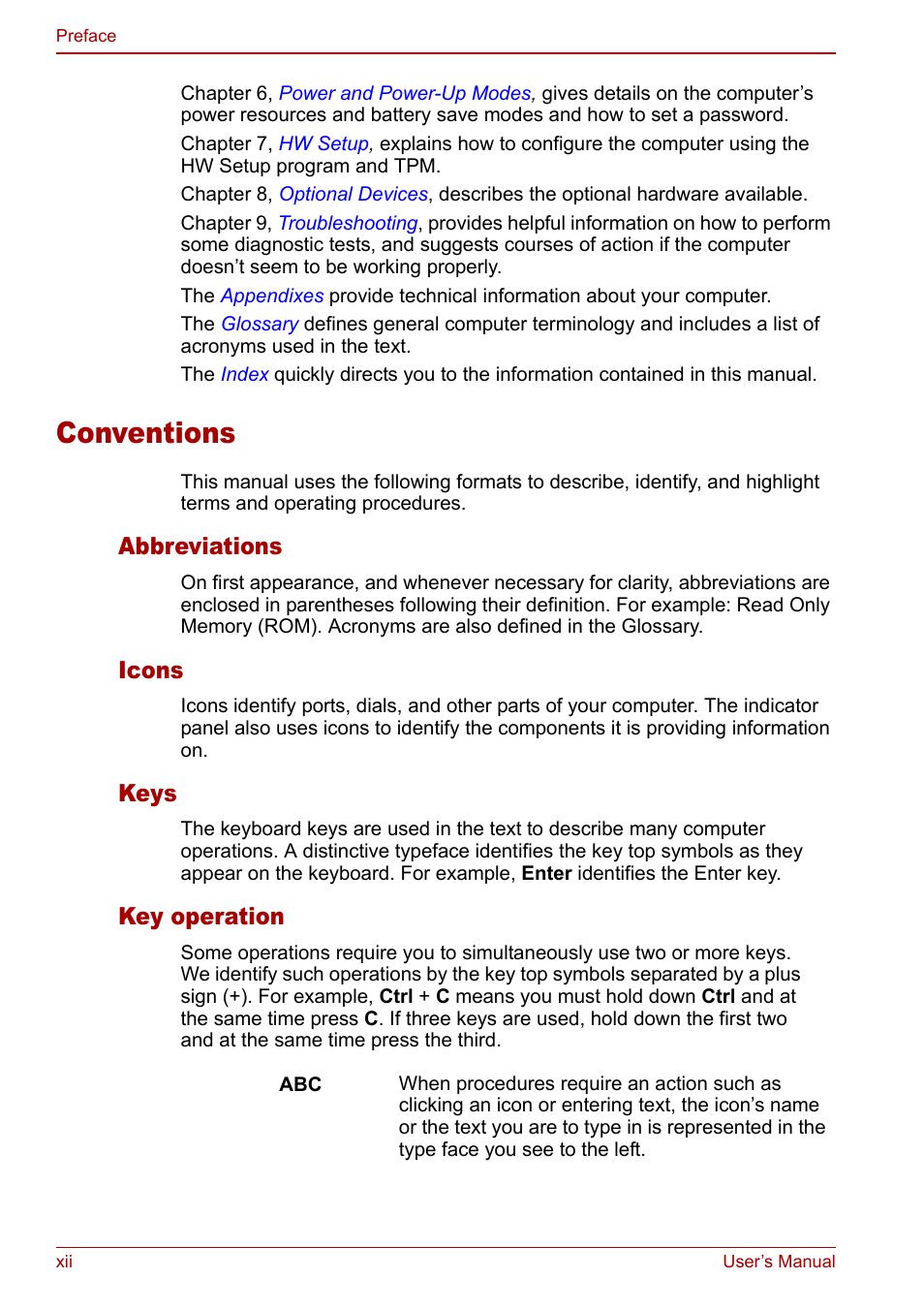 Conventions, Abbreviations, Icons | Keys, Key operation | Toshiba Tecra S3 User Manual | Page 12 / 250