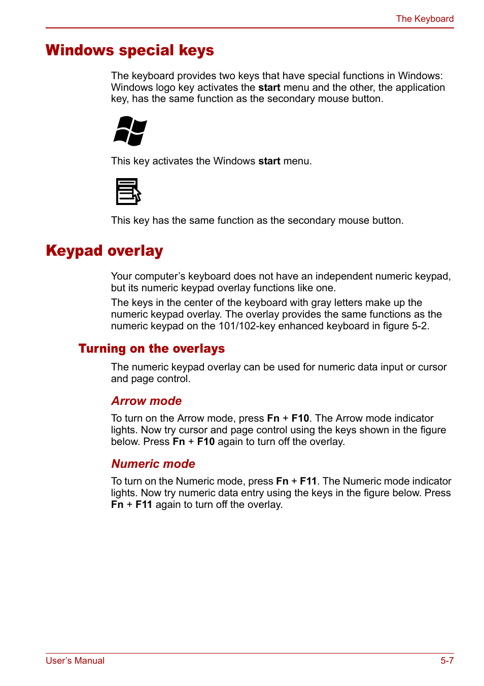 Windows special keys, Keypad overlay, Windows special keys -7 keypad overlay -7 | Keypad, Overlay | Toshiba Tecra S3 User Manual | Page 121 / 250