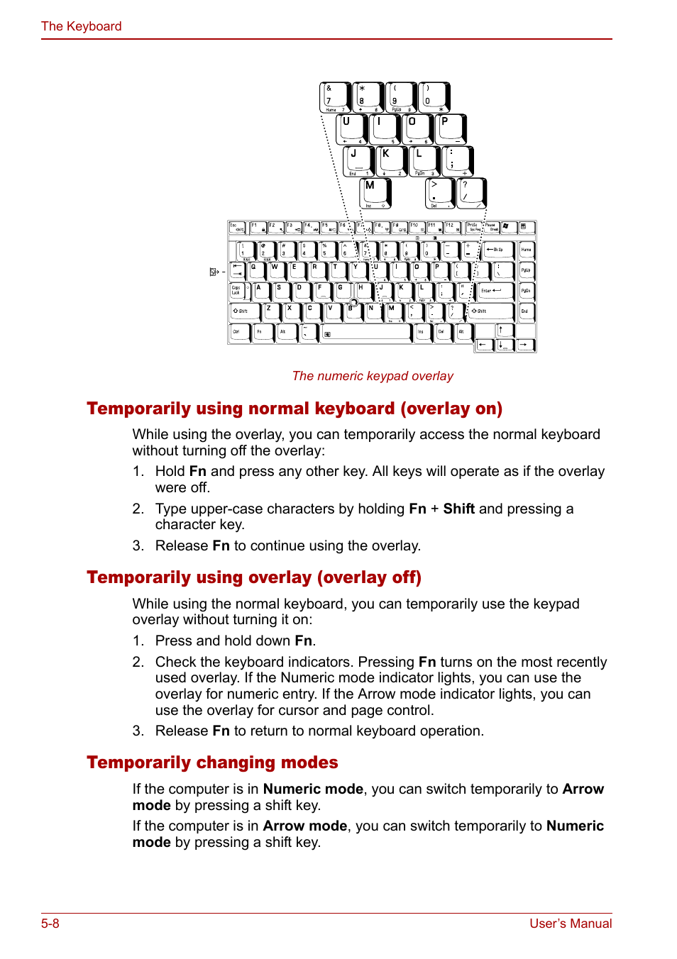 Temporarily using normal keyboard (overlay on), Temporarily using overlay (overlay off), Temporarily changing modes | Toshiba Tecra S3 User Manual | Page 122 / 250