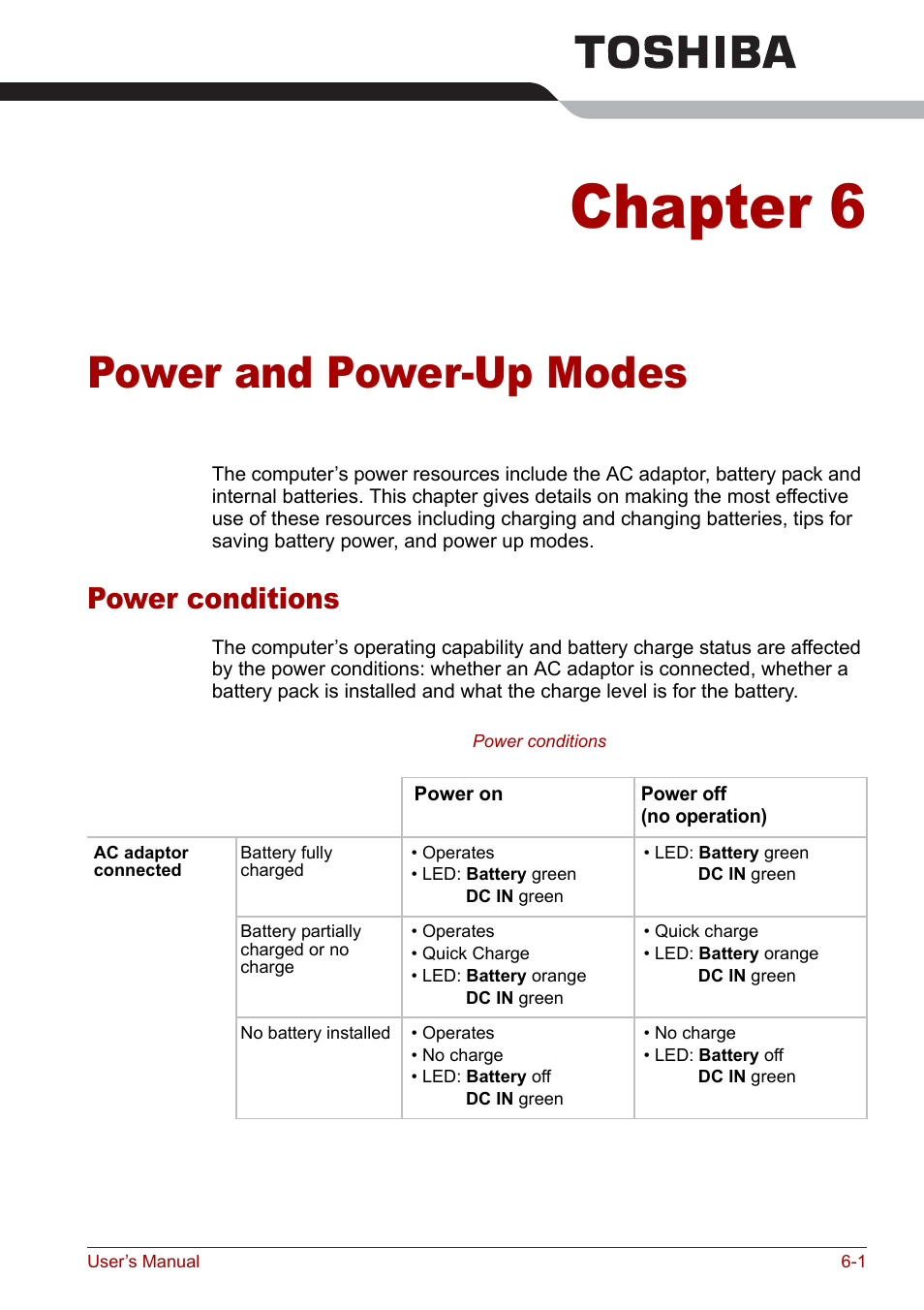 Chapter 6 - power and power-up modes, Power conditions, Chapter 6 | Power and power-up modes, Power conditions -1, Power and power-up, Modes | Toshiba Tecra S3 User Manual | Page 125 / 250