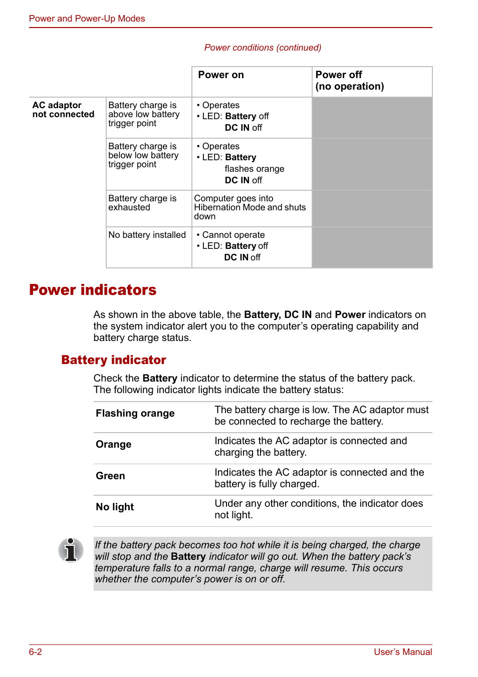 Power indicators, Power indicators -2, Battery indicator | Toshiba Tecra S3 User Manual | Page 126 / 250