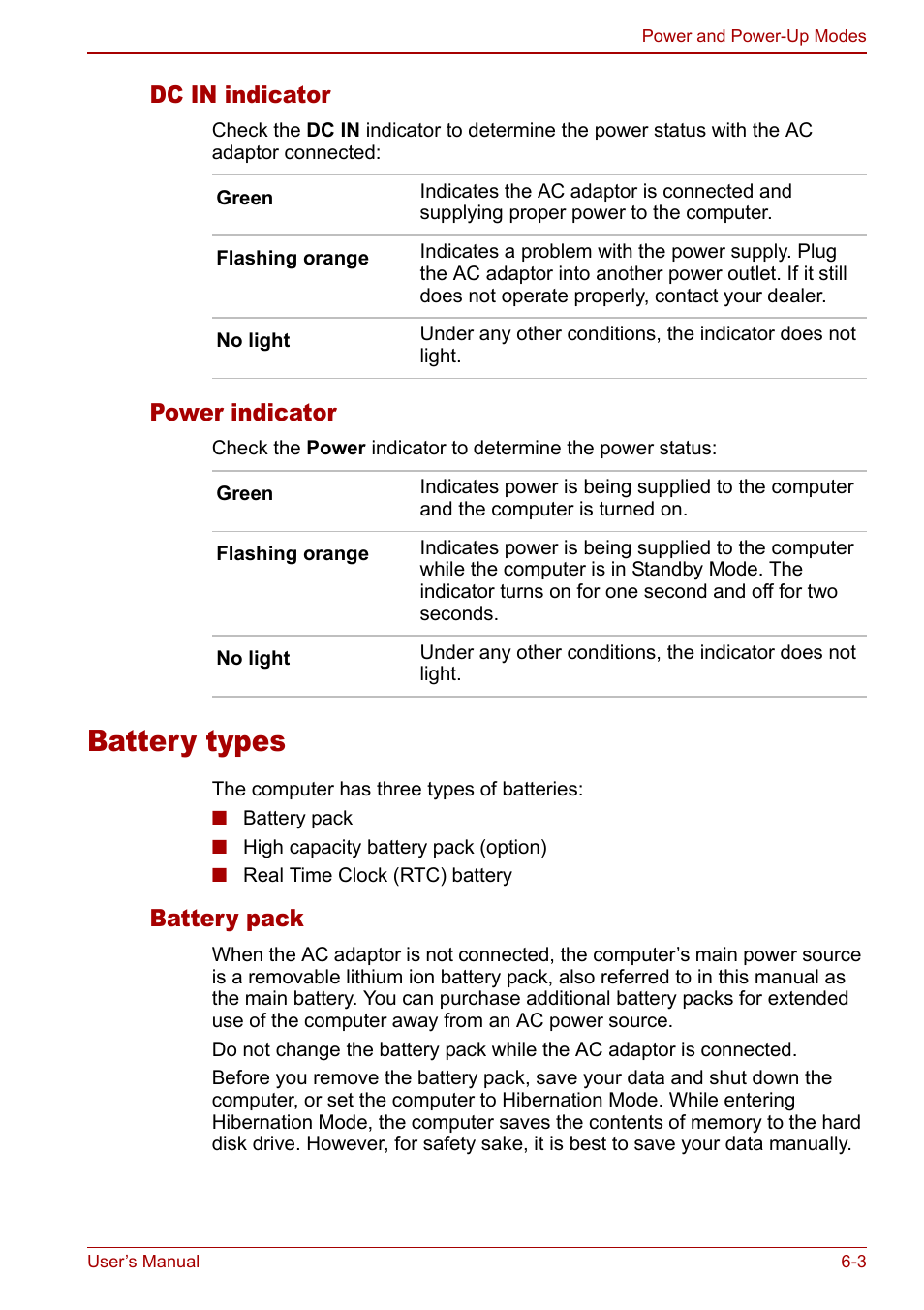 Battery types, Battery types -3, Dc in indicator | Power indicator, Battery pack | Toshiba Tecra S3 User Manual | Page 127 / 250