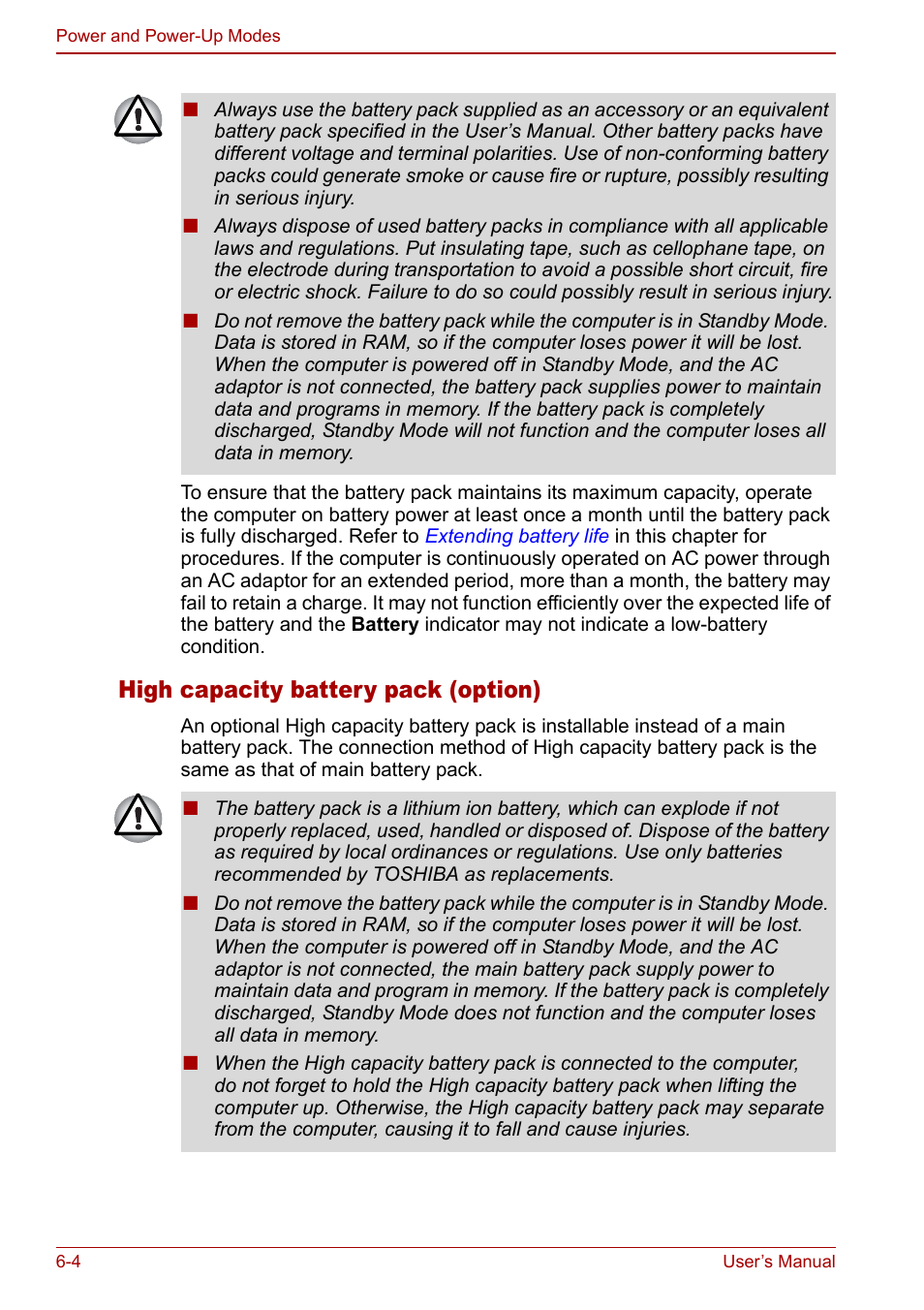 High capacity battery pack (option) | Toshiba Tecra S3 User Manual | Page 128 / 250