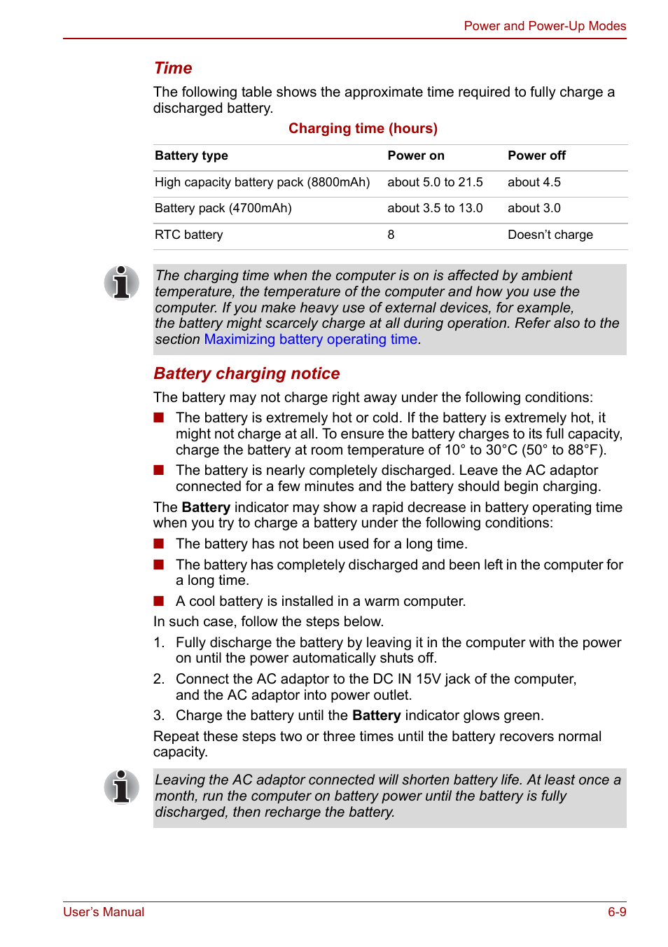 Time, Battery charging notice | Toshiba Tecra S3 User Manual | Page 133 / 250