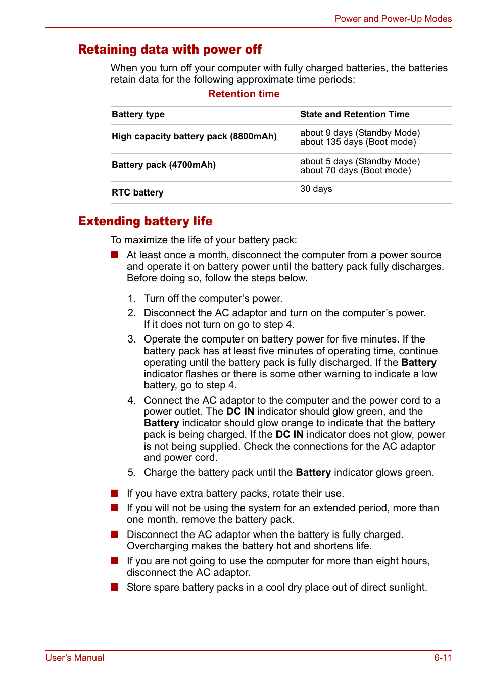 Retaining data with power off, Extending battery life | Toshiba Tecra S3 User Manual | Page 135 / 250