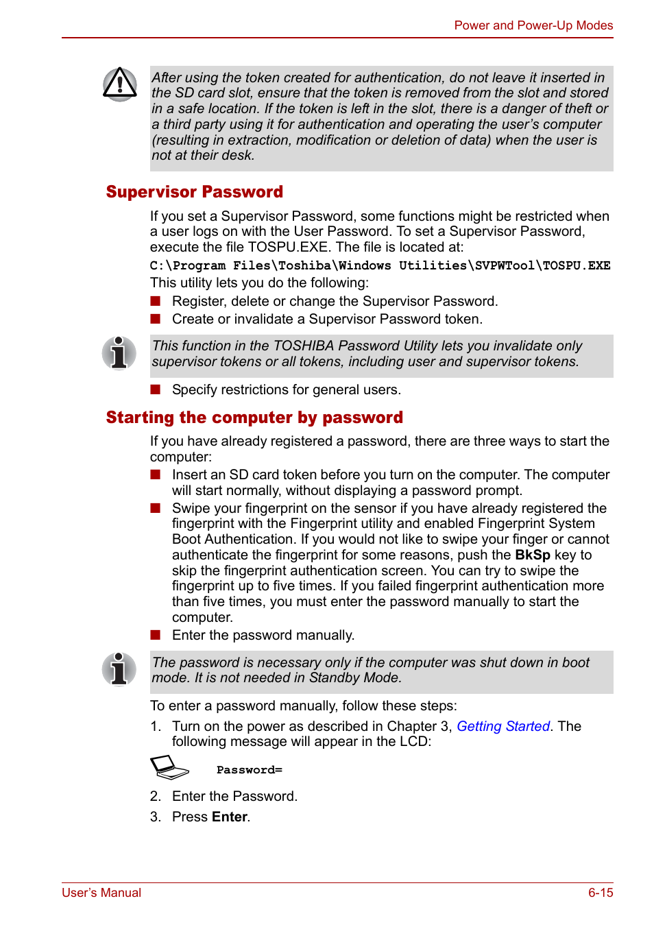 Supervisor password, Starting the computer by password | Toshiba Tecra S3 User Manual | Page 139 / 250